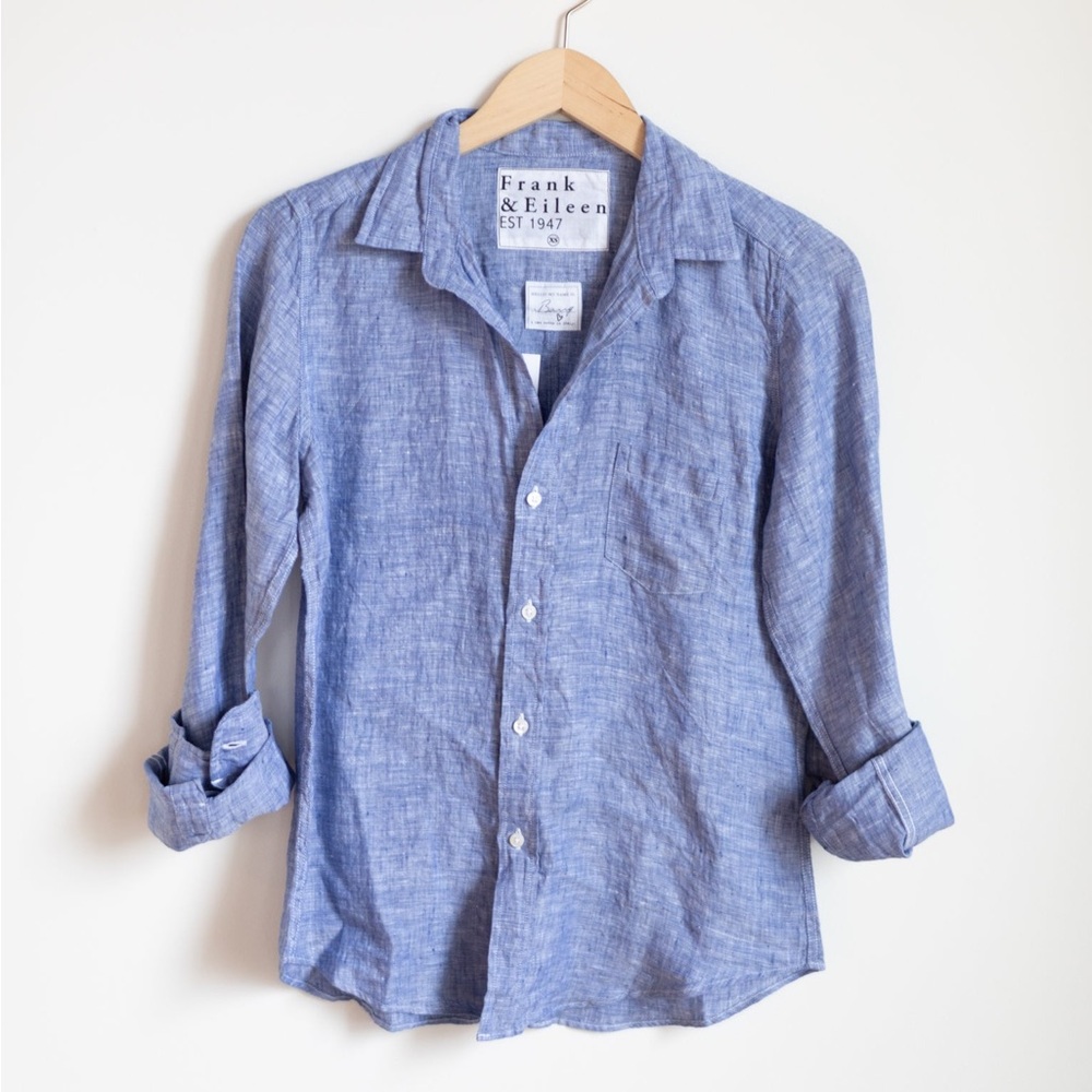 FRANK & EILEEN Barry Button Up Famous Blue Linen Light Wash Collar Chambray Lg
